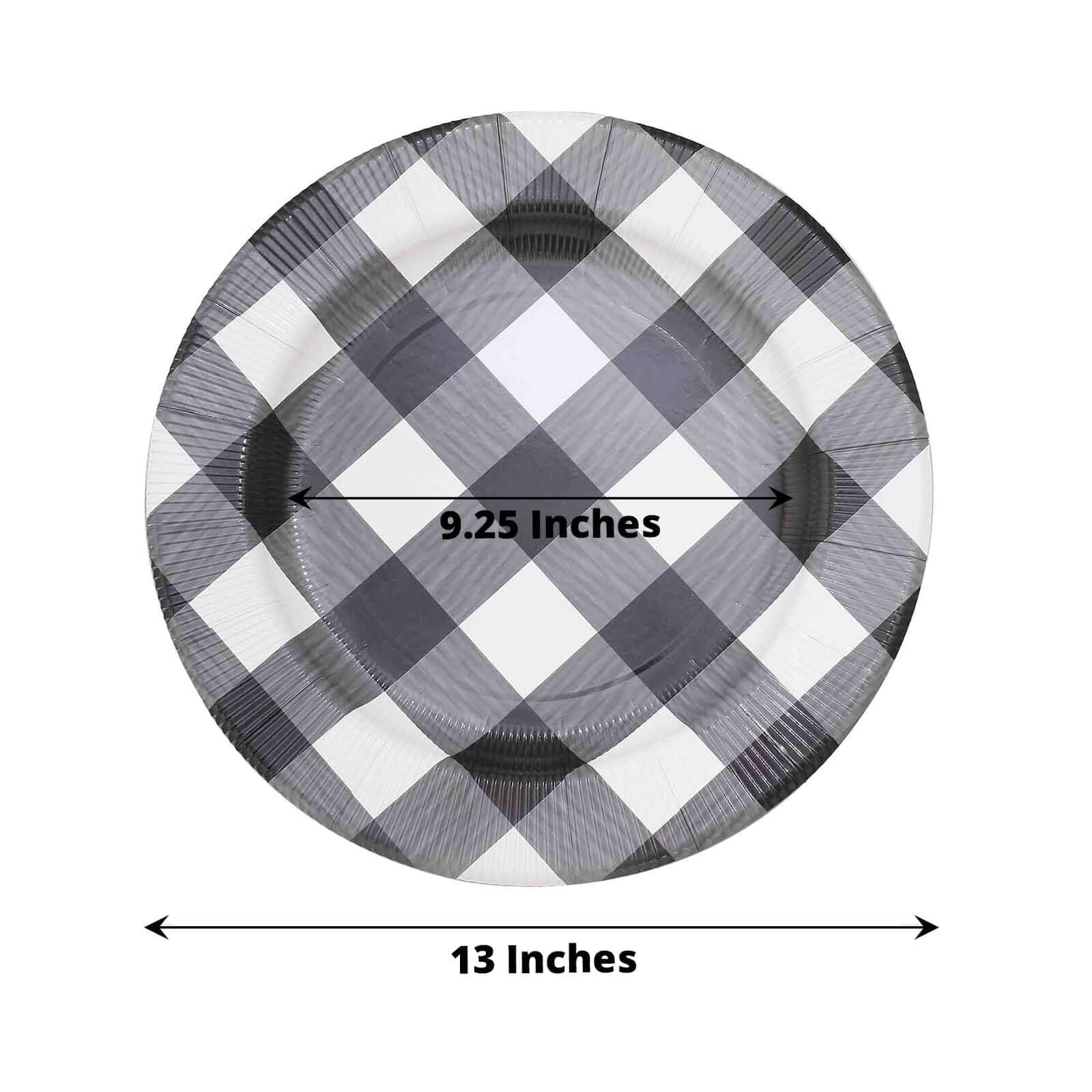 Tableclothsfactory 10 Pack | 13" Black/White Buffalo Plaid Disposable Serving Trays, Round Checkered Sunray Cardboard Charger Plates - 350 GSM - Image 3