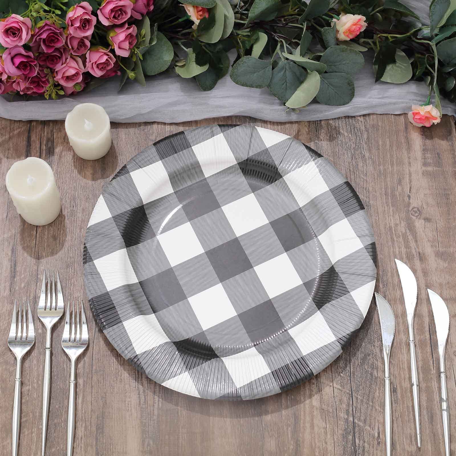 Tableclothsfactory 10 Pack | 13" Black/White Buffalo Plaid Disposable Serving Trays, Round Checkered Sunray Cardboard Charger Plates - 350 GSM - Image 4