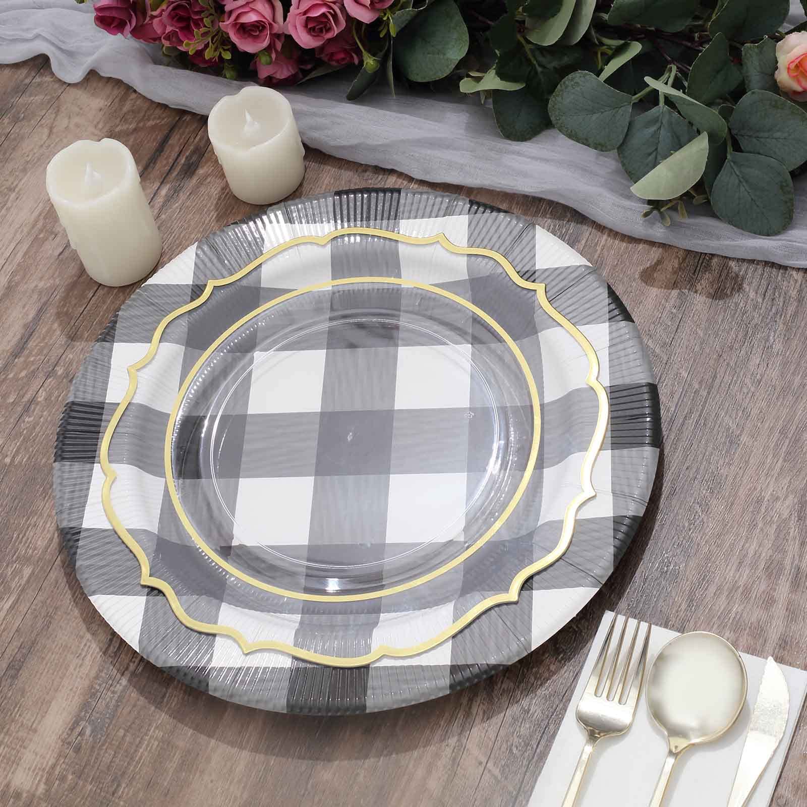 Tableclothsfactory 10 Pack | 13" Black/White Buffalo Plaid Disposable Serving Trays, Round Checkered Sunray Cardboard Charger Plates - 350 GSM - Image 5