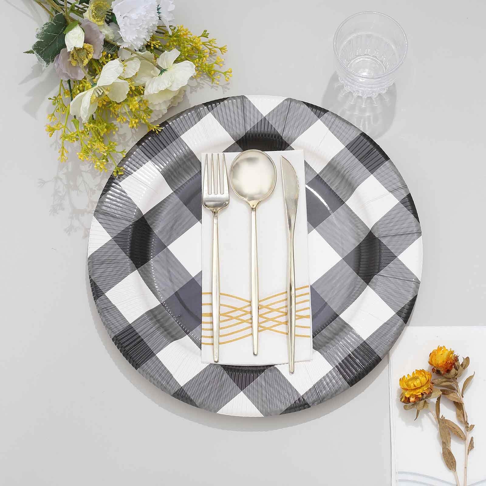 Tableclothsfactory 10 Pack | 13" Black/White Buffalo Plaid Disposable Serving Trays, Round Checkered Sunray Cardboard Charger Plates - 350 GSM - Image 6