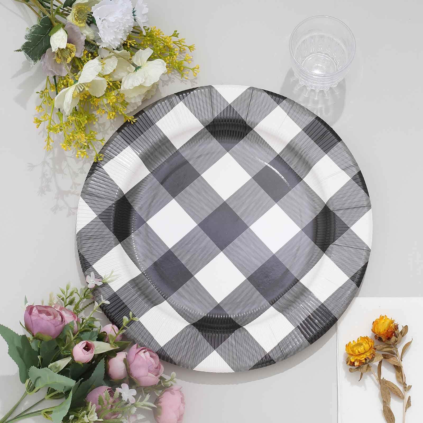 Tableclothsfactory 10 Pack | 13" Black/White Buffalo Plaid Disposable Serving Trays, Round Checkered Sunray Cardboard Charger Plates - 350 GSM - Image 7