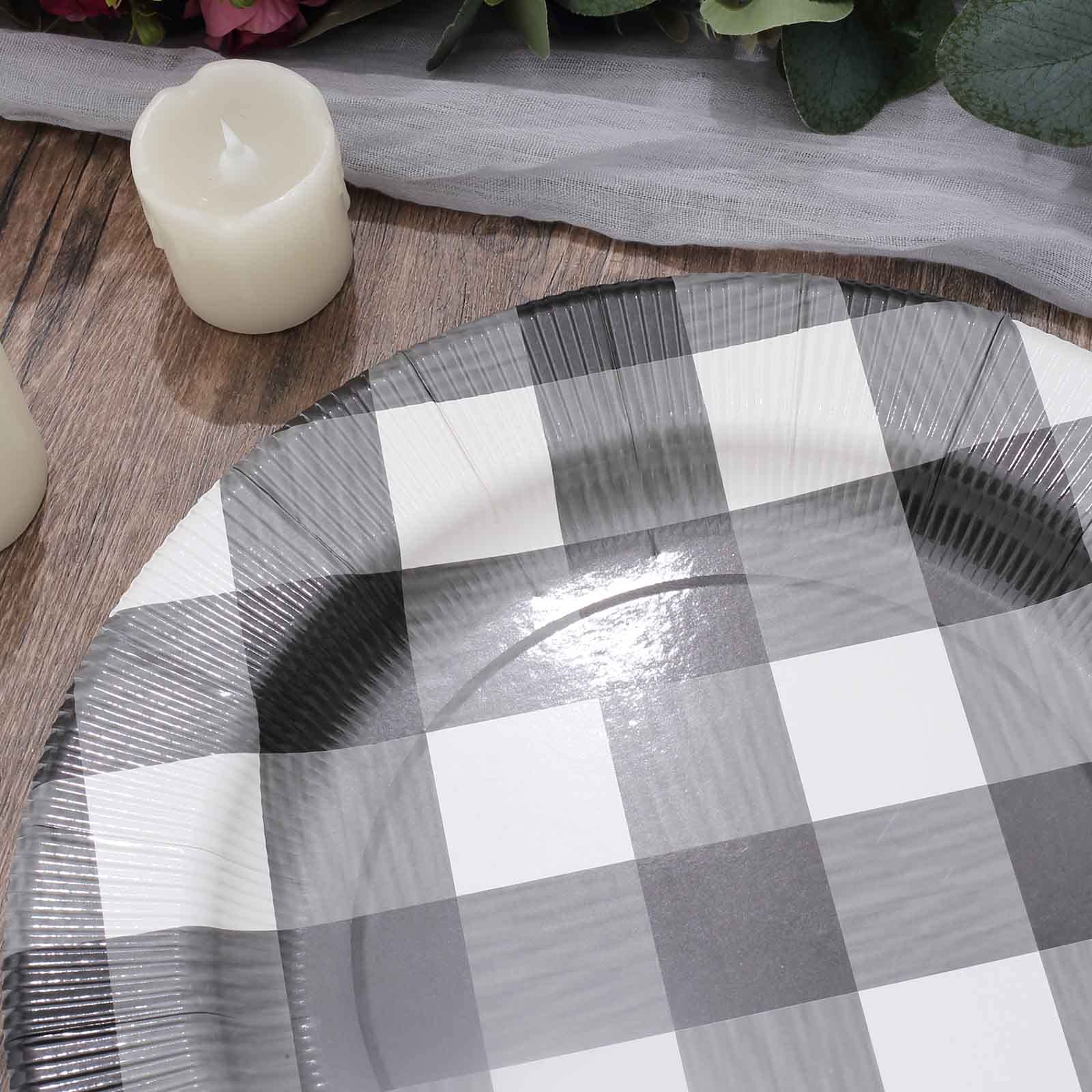 Tableclothsfactory 10 Pack | 13" Black/White Buffalo Plaid Disposable Serving Trays, Round Checkered Sunray Cardboard Charger Plates - 350 GSM - Image 9