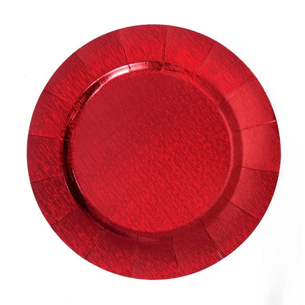 Tableclothsfactory 10 Pack | 13" Red Disposable Charger Plates, Cardboard Serving Tray, Round with Leathery Texture - 1100 GSM - Image 3