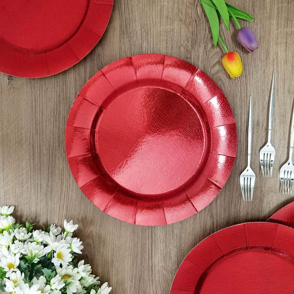 Tableclothsfactory 10 Pack | 13" Red Disposable Charger Plates, Cardboard Serving Tray, Round with Leathery Texture - 1100 GSM - Image 4