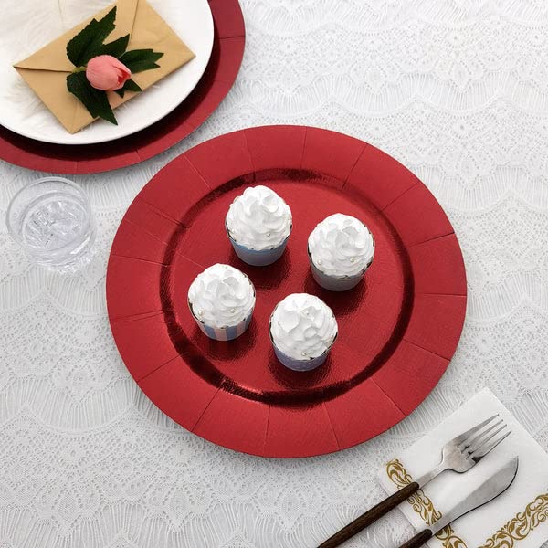Tableclothsfactory 10 Pack | 13" Red Disposable Charger Plates, Cardboard Serving Tray, Round with Leathery Texture - 1100 GSM - Image 5