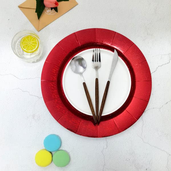Tableclothsfactory 10 Pack | 13" Red Disposable Charger Plates, Cardboard Serving Tray, Round with Leathery Texture - 1100 GSM - Image 7