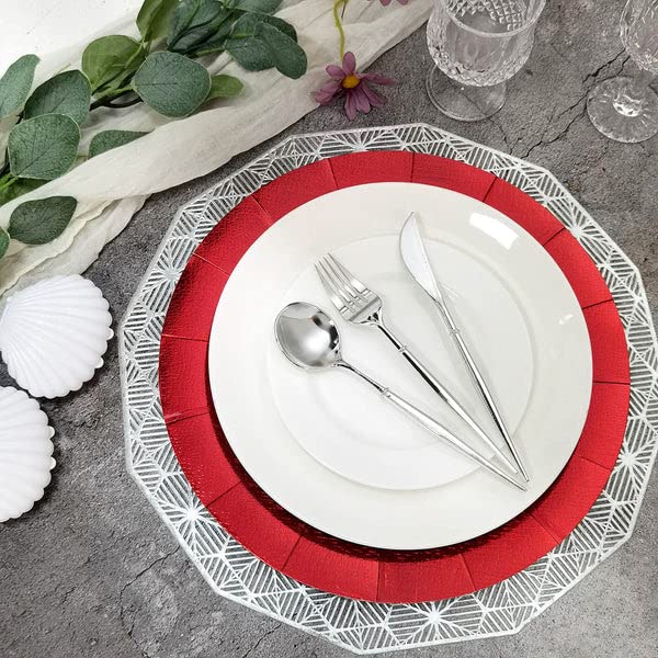 Tableclothsfactory 10 Pack | 13" Red Disposable Charger Plates, Cardboard Serving Tray, Round with Leathery Texture - 1100 GSM - Image 8