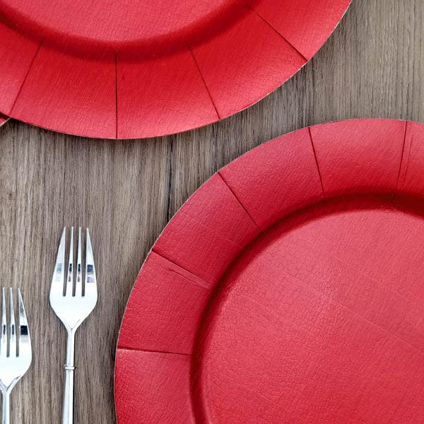 Tableclothsfactory 10 Pack | 13" Red Disposable Charger Plates, Cardboard Serving Tray, Round with Leathery Texture - 1100 GSM - Image 9