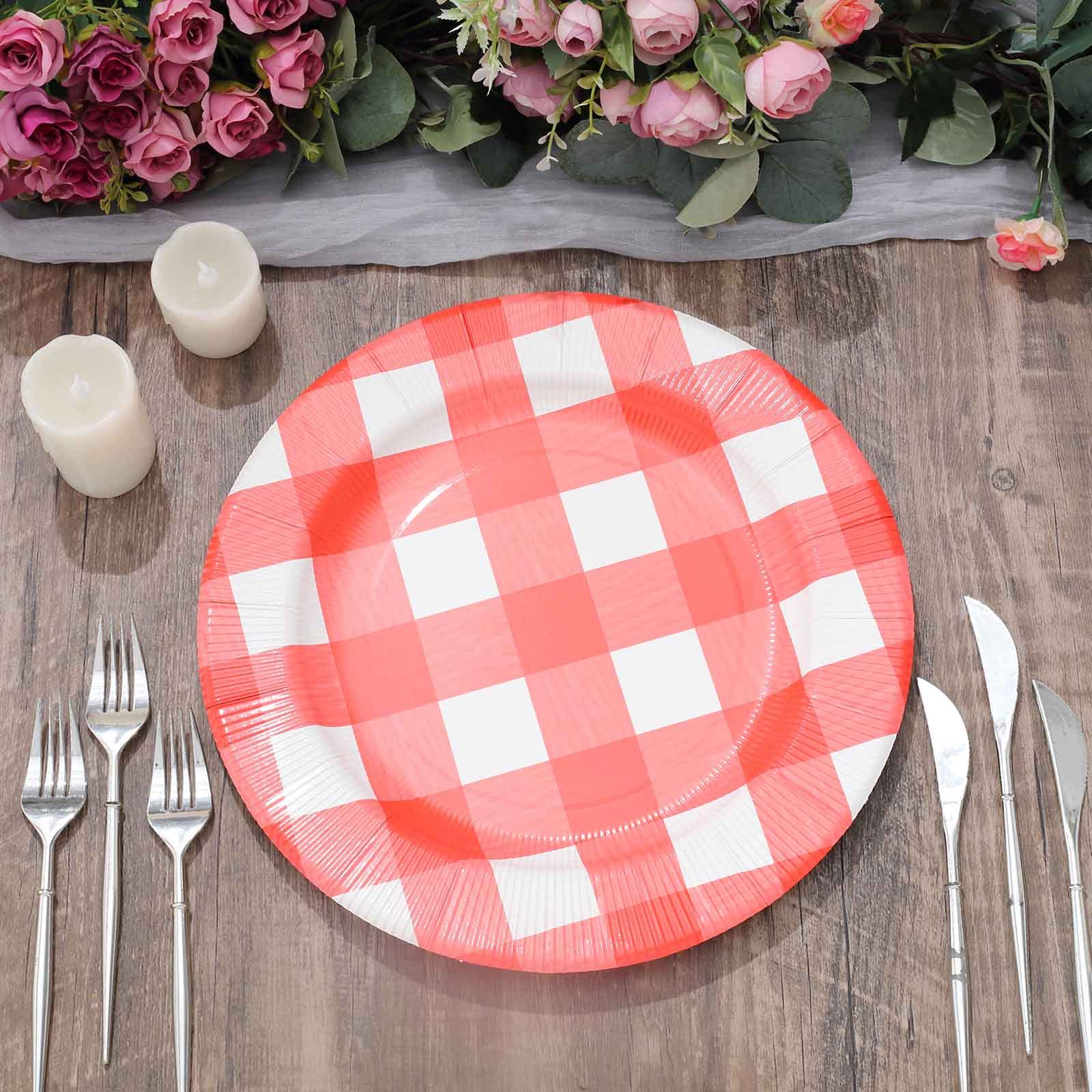 Tableclothsfactory 10 Pack | 13" Red/White Buffalo Plaid Disposable Serving Trays, Round Checkered Sunray Cardboard Charger Plates - 350 GSM - Image 4