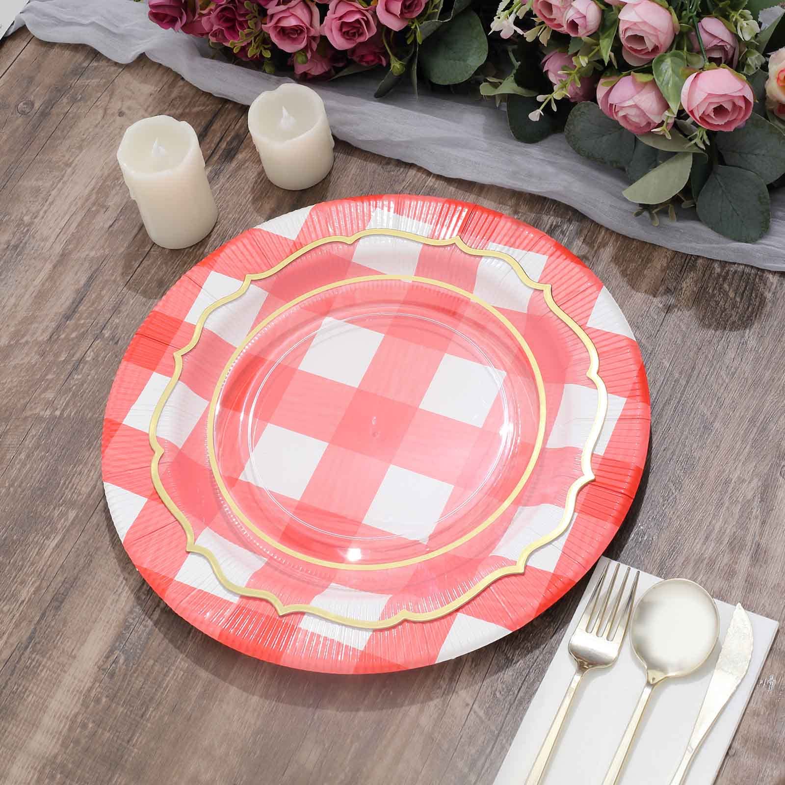 Tableclothsfactory 10 Pack | 13" Red/White Buffalo Plaid Disposable Serving Trays, Round Checkered Sunray Cardboard Charger Plates - 350 GSM - Image 5