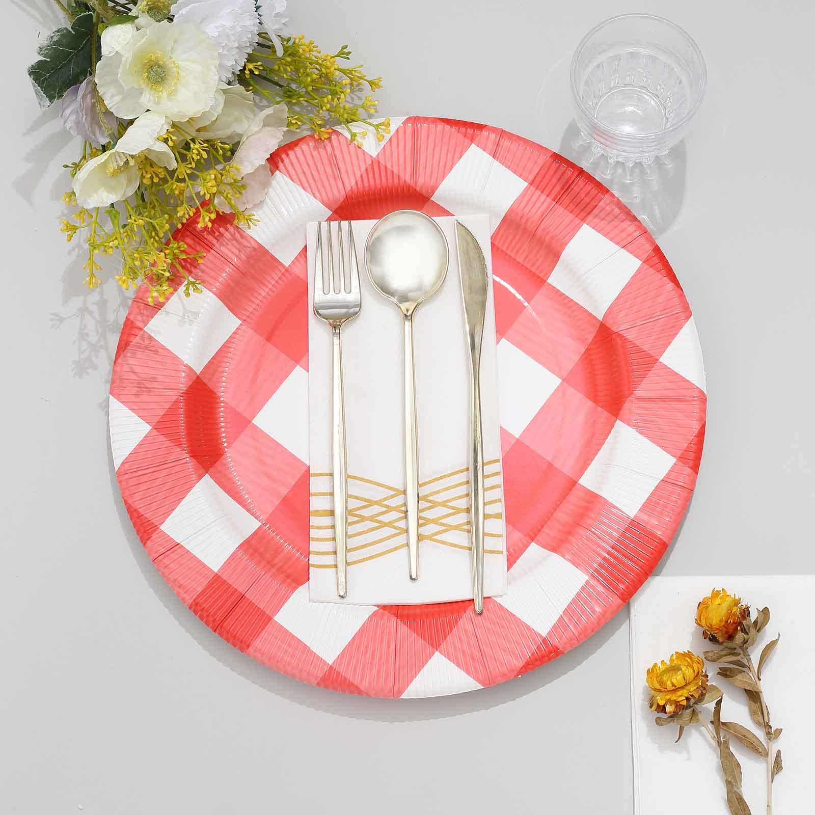Tableclothsfactory 10 Pack | 13" Red/White Buffalo Plaid Disposable Serving Trays, Round Checkered Sunray Cardboard Charger Plates - 350 GSM - Image 6