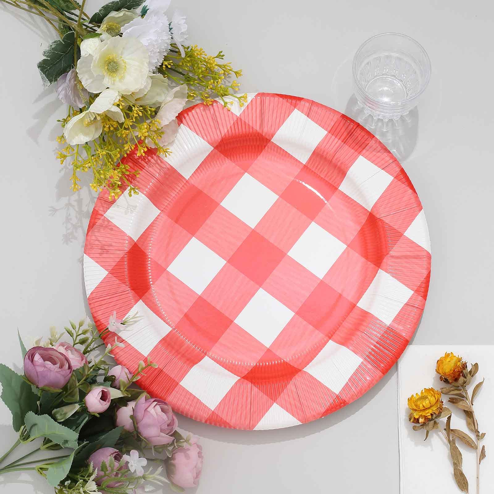 Tableclothsfactory 10 Pack | 13" Red/White Buffalo Plaid Disposable Serving Trays, Round Checkered Sunray Cardboard Charger Plates - 350 GSM - Image 7