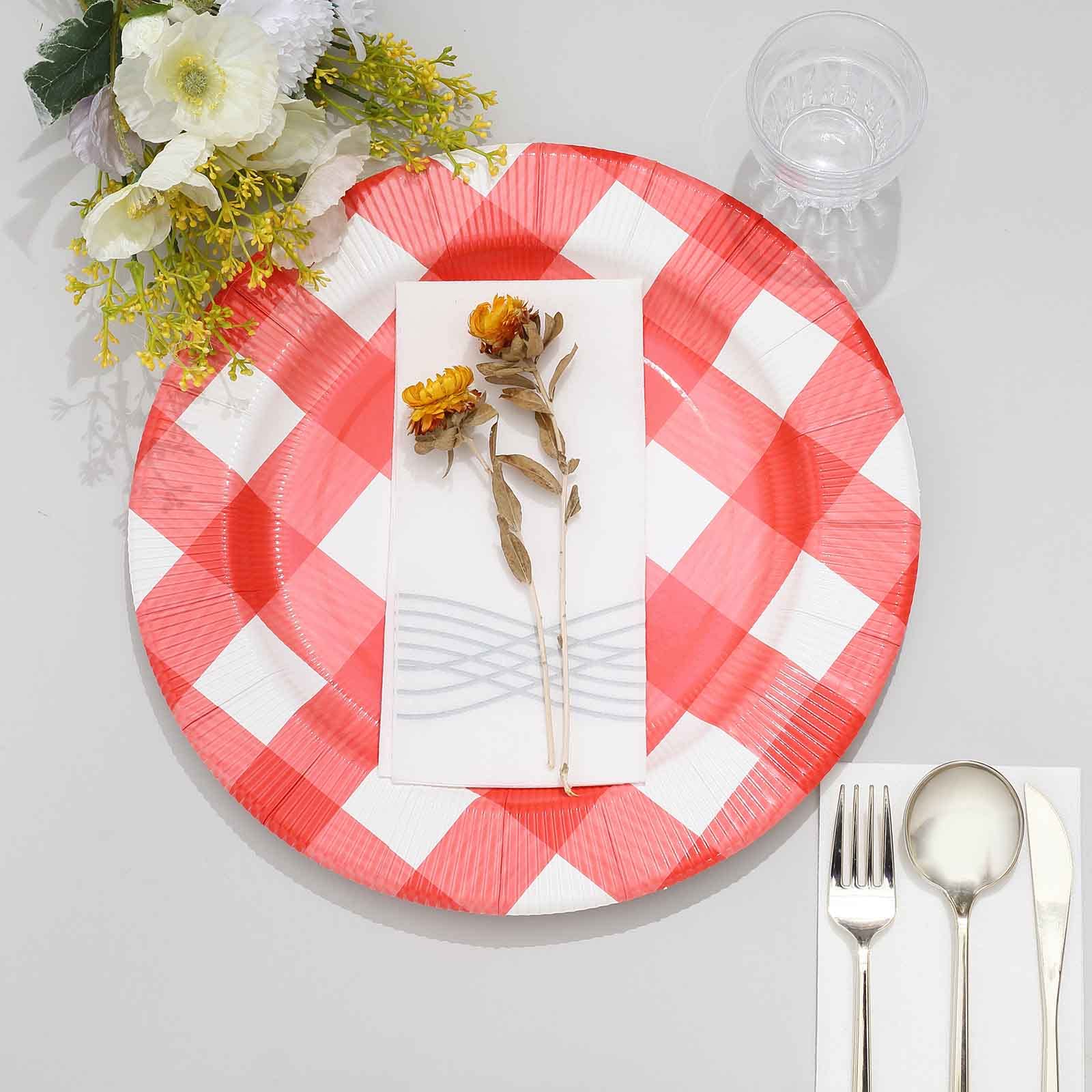 Tableclothsfactory 10 Pack | 13" Red/White Buffalo Plaid Disposable Serving Trays, Round Checkered Sunray Cardboard Charger Plates - 350 GSM - Image 8