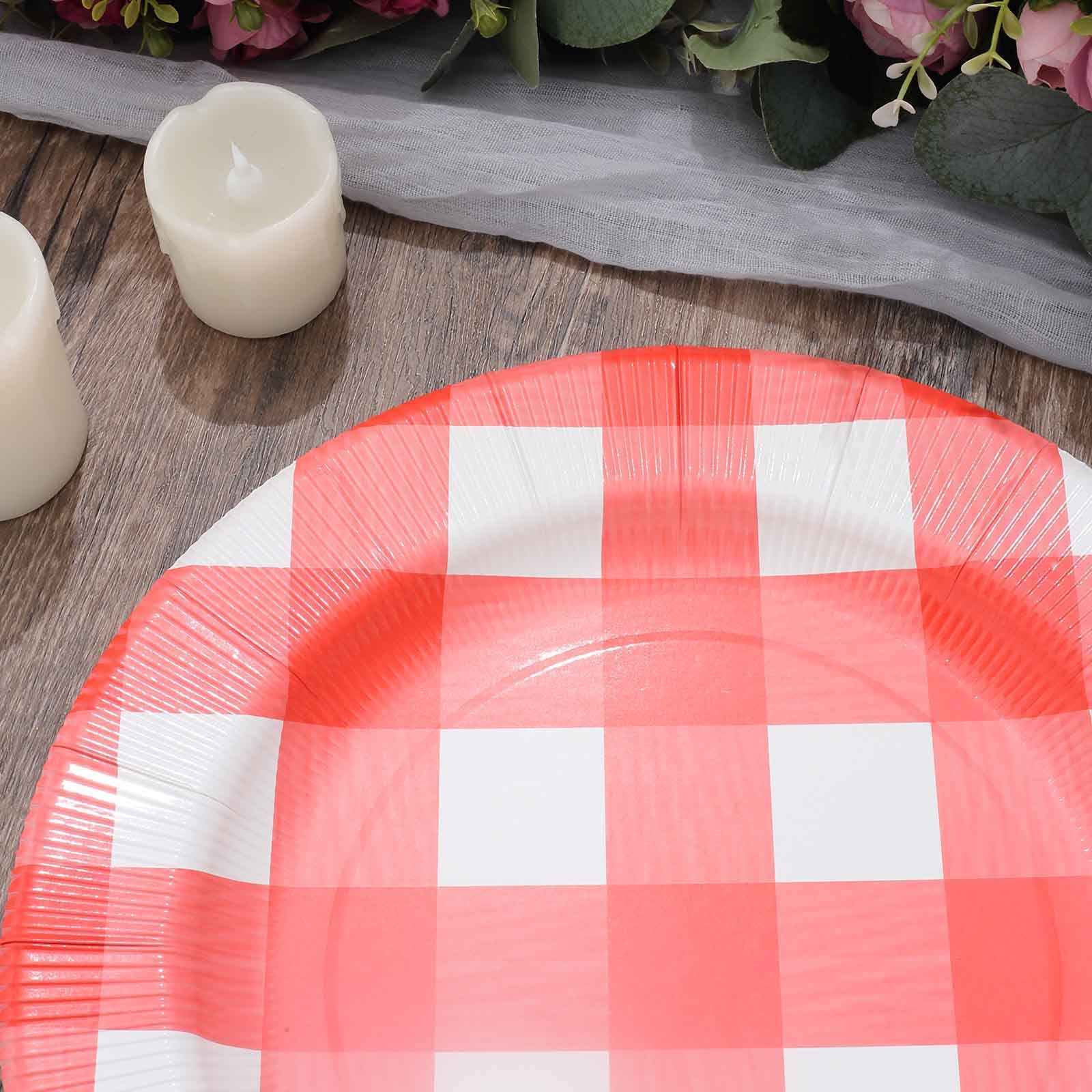 Tableclothsfactory 10 Pack | 13" Red/White Buffalo Plaid Disposable Serving Trays, Round Checkered Sunray Cardboard Charger Plates - 350 GSM - Image 9