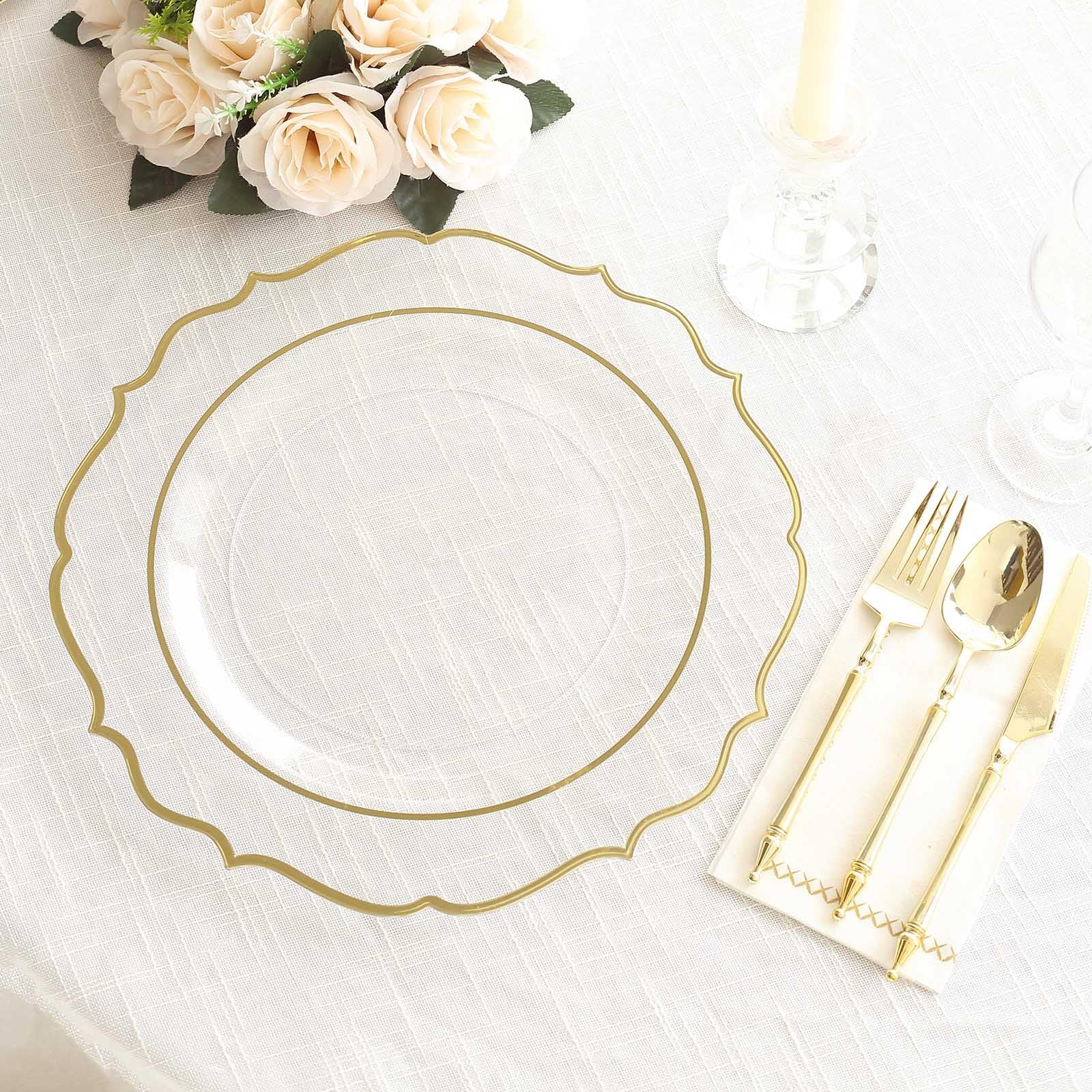 Tableclothsfactory 10 Pack Clear Plastic Dinner Serving Plates with Gold Scalloped Rim, 13" Round Decorative Charger Plates - Image 3