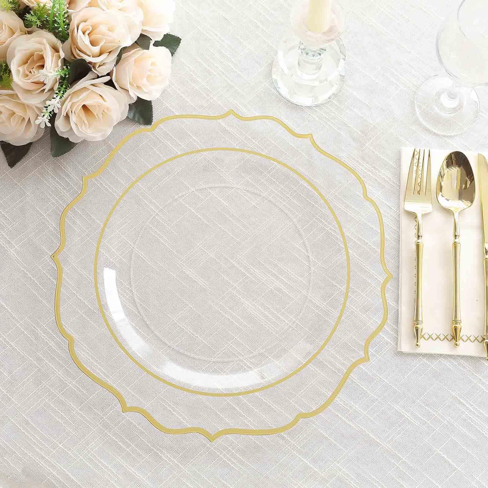 Tableclothsfactory 10 Pack Clear Plastic Dinner Serving Plates with Gold Scalloped Rim, 13" Round Decorative Charger Plates - Image 6