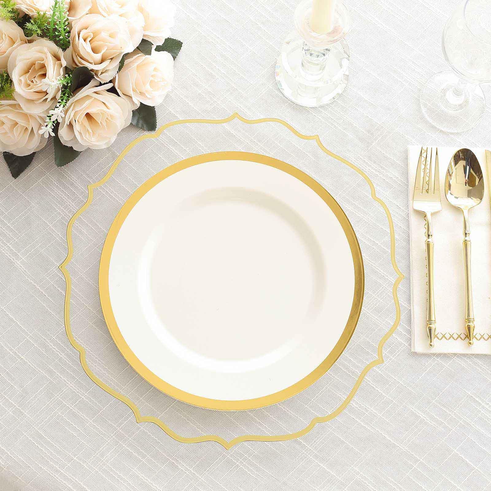 Tableclothsfactory 10 Pack Clear Plastic Dinner Serving Plates with Gold Scalloped Rim, 13" Round Decorative Charger Plates - Image 7
