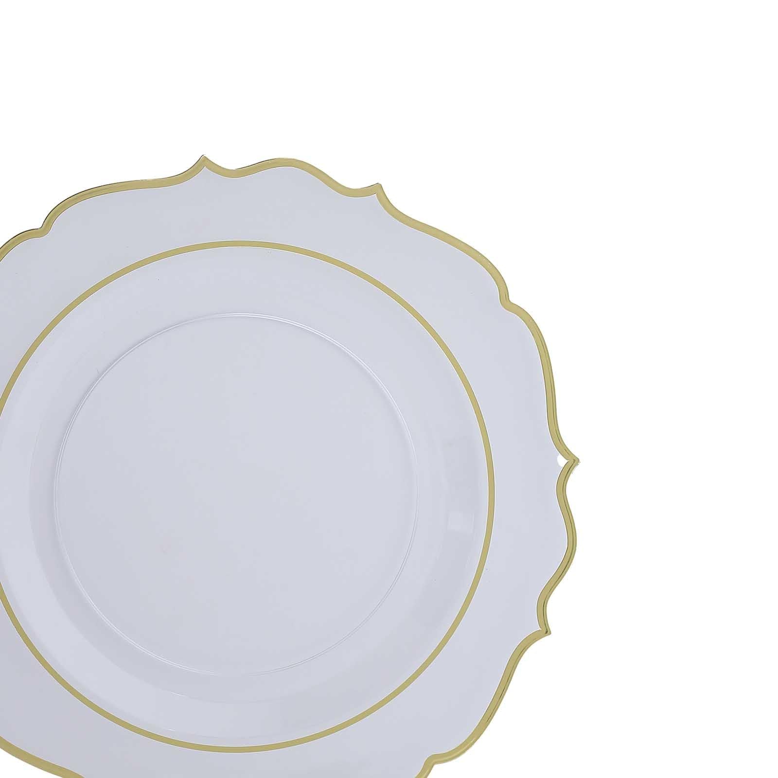 Tableclothsfactory 10 Pack Clear Plastic Dinner Serving Plates with Gold Scalloped Rim, 13" Round Decorative Charger Plates - Image 9