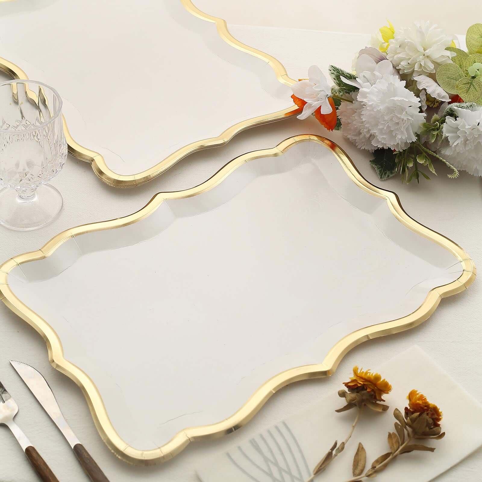 Tableclothsfactory 10 Pack | Elegant White/Gold Rim Disposable Serving Trays, Heavy Duty 400 GSM Paper Rectangular Party Platters - 14"X10" - Image 3