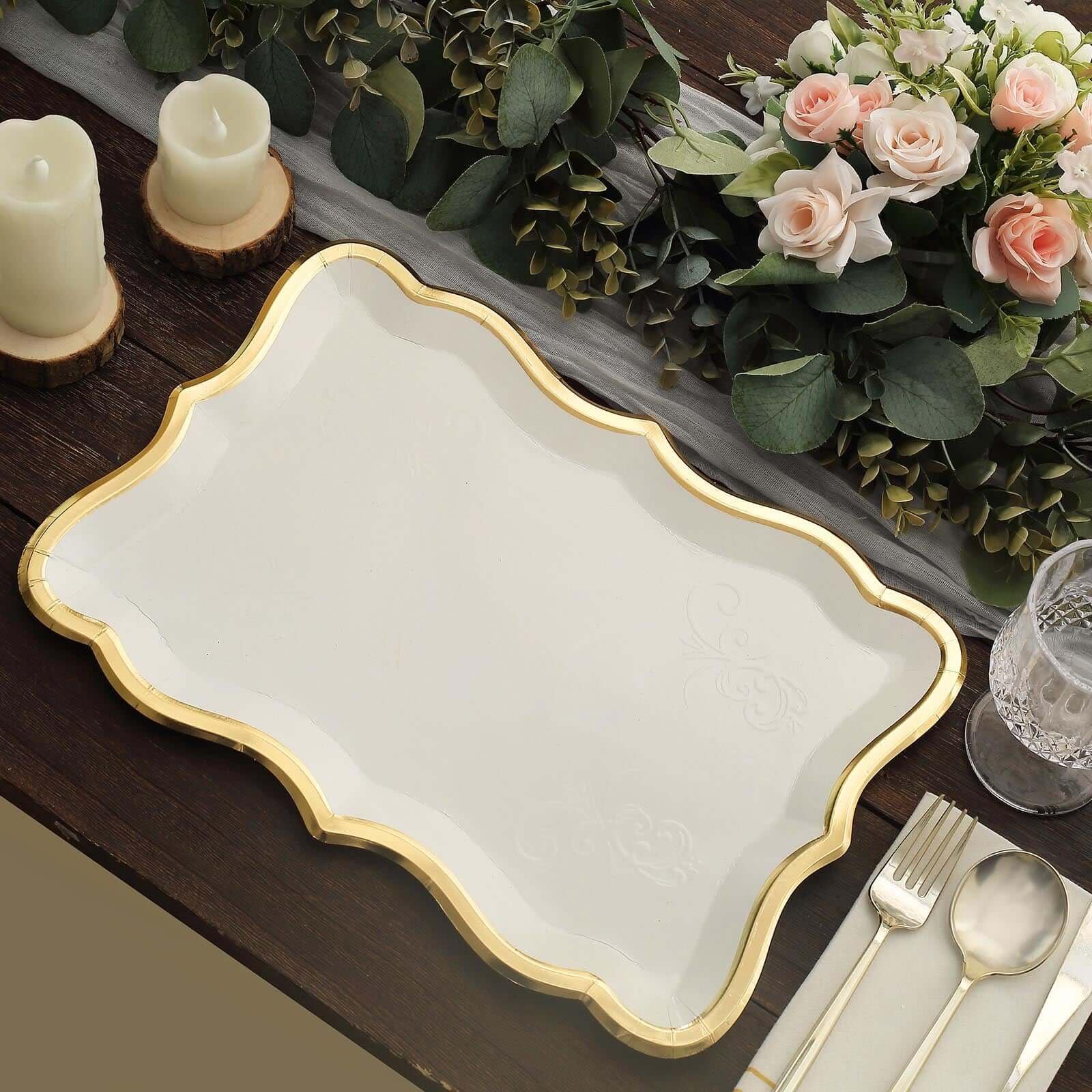 Tableclothsfactory 10 Pack | Elegant White/Gold Rim Disposable Serving Trays, Heavy Duty 400 GSM Paper Rectangular Party Platters - 14"X10" - Image 4