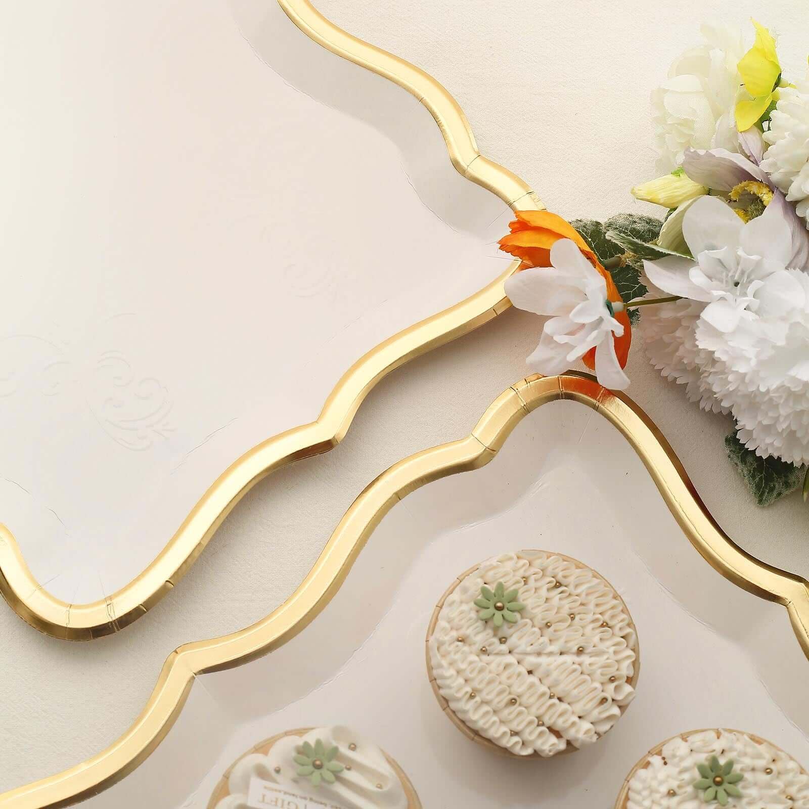 Tableclothsfactory 10 Pack | Elegant White/Gold Rim Disposable Serving Trays, Heavy Duty 400 GSM Paper Rectangular Party Platters - 14"X10" - Image 7