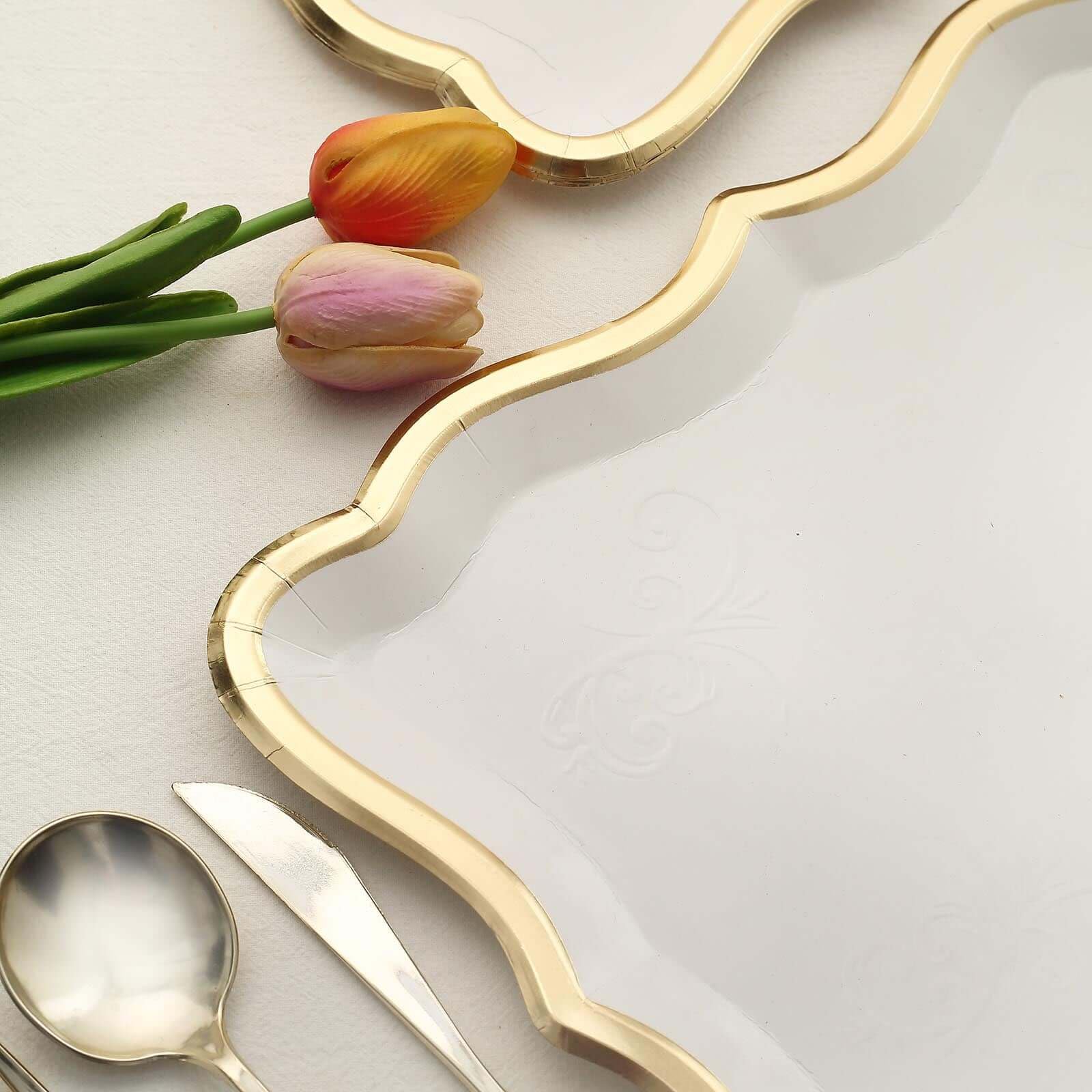 Tableclothsfactory 10 Pack | Elegant White/Gold Rim Disposable Serving Trays, Heavy Duty 400 GSM Paper Rectangular Party Platters - 14"X10" - Image 8