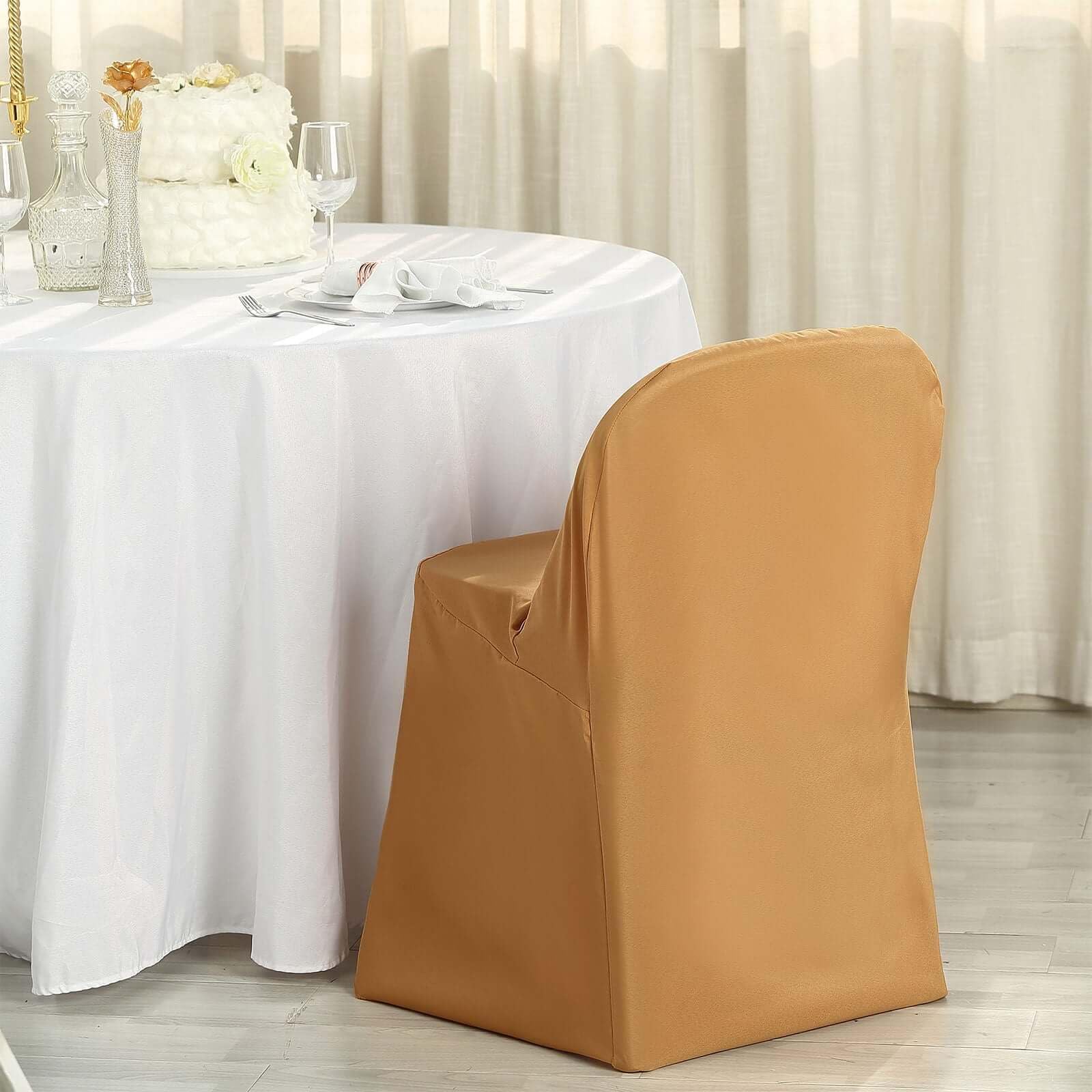 Tableclothsfactory 10PCS Gold Linen Polyester Folding Chair Cover Dinning Chair Slipcover for Wedding Party Event Banquet Catering - Image 5