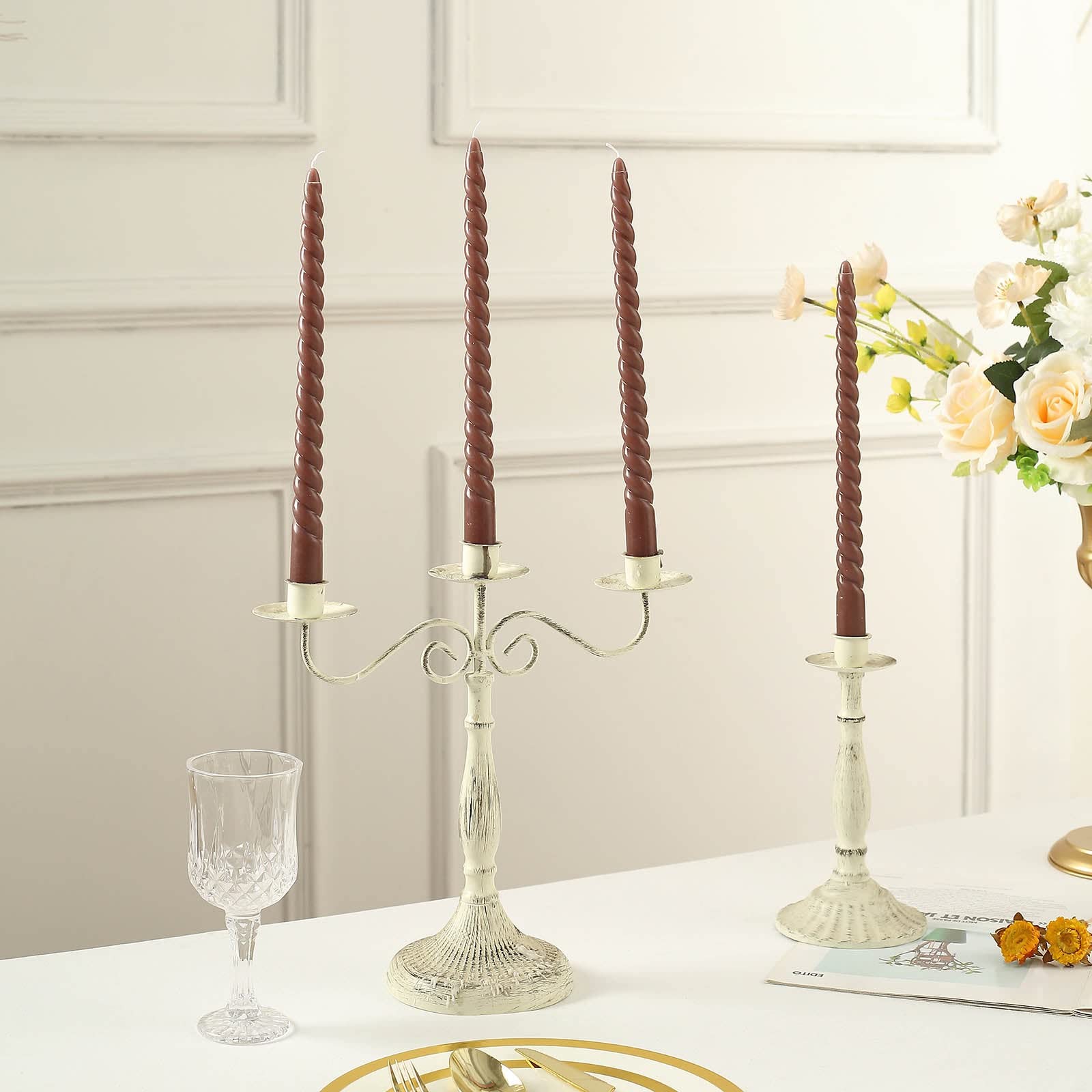 Tableclothsfactory 12 Pack | 11" Mocha Brown Premium Spiral Long Burn Wick Taper Candles, Tall Unscented Wax Dinner Candle Sticks - Image 5