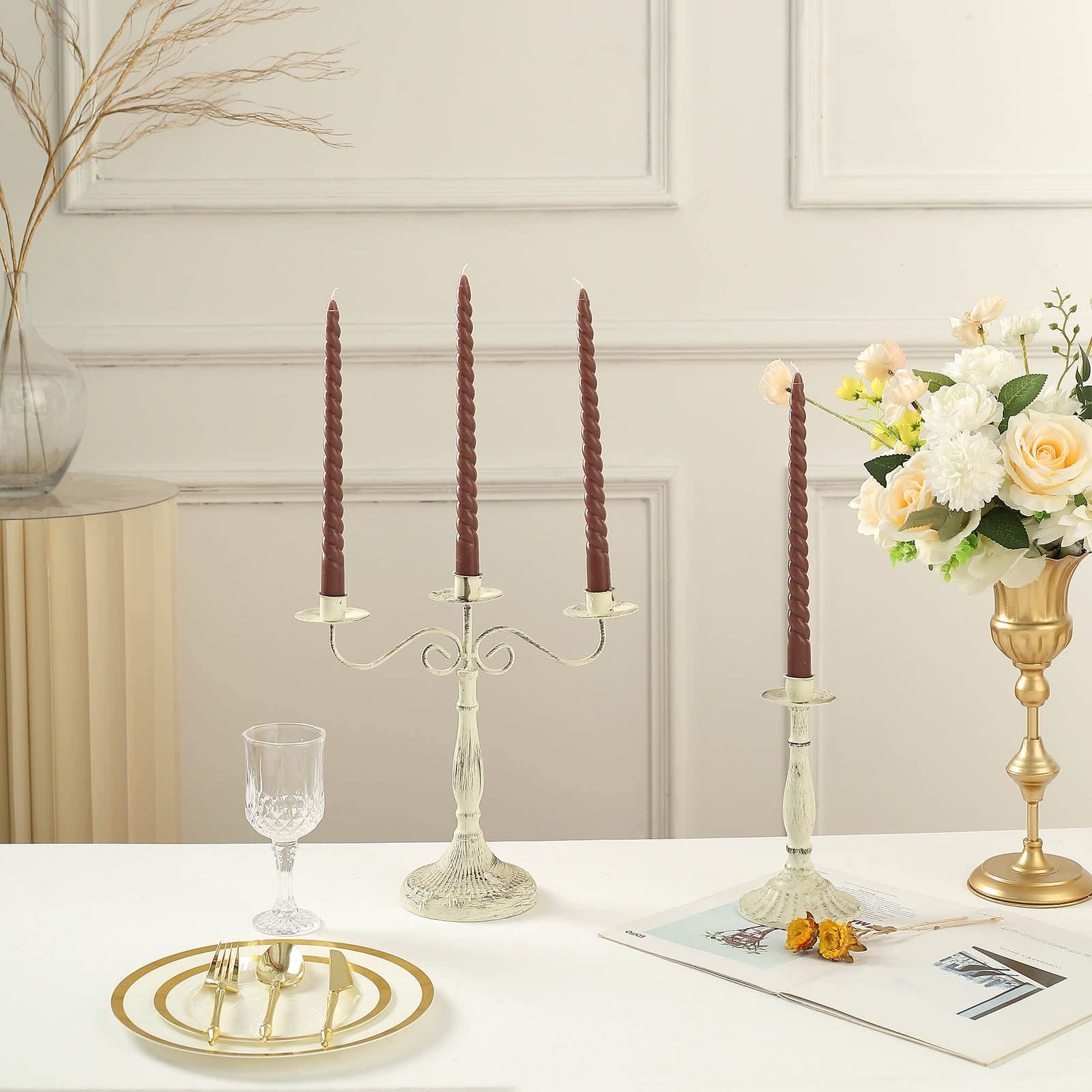 Tableclothsfactory 12 Pack | 11" Mocha Brown Premium Spiral Long Burn Wick Taper Candles, Tall Unscented Wax Dinner Candle Sticks - Image 6