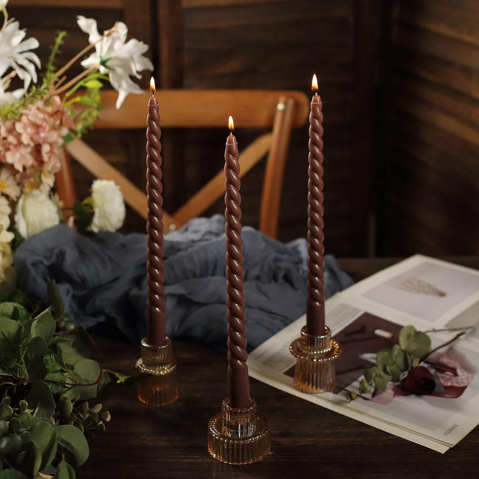 Tableclothsfactory 12 Pack | 11" Mocha Brown Premium Spiral Long Burn Wick Taper Candles, Tall Unscented Wax Dinner Candle Sticks - Image 7