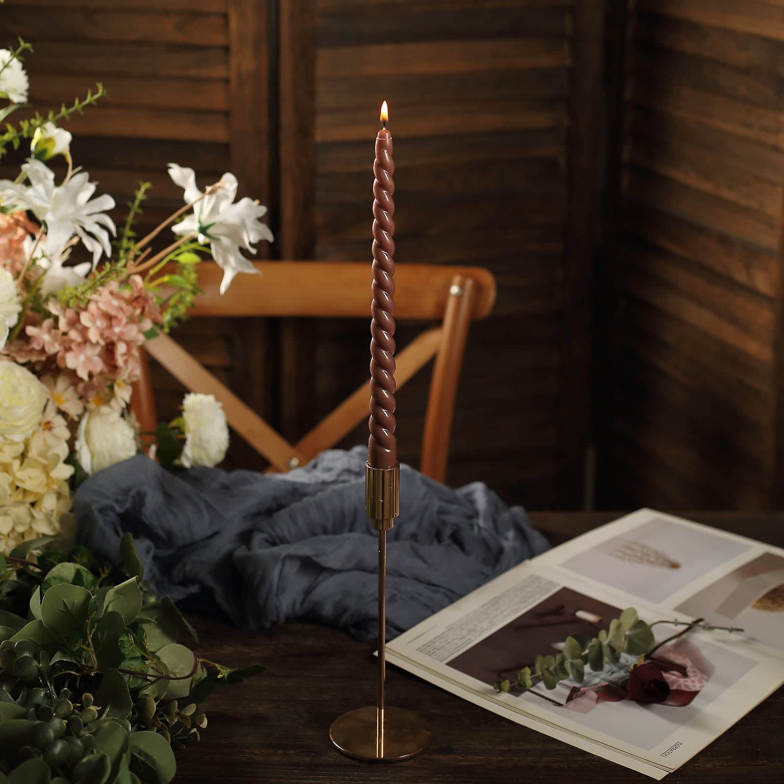 Tableclothsfactory 12 Pack | 11" Mocha Brown Premium Spiral Long Burn Wick Taper Candles, Tall Unscented Wax Dinner Candle Sticks - Image 8