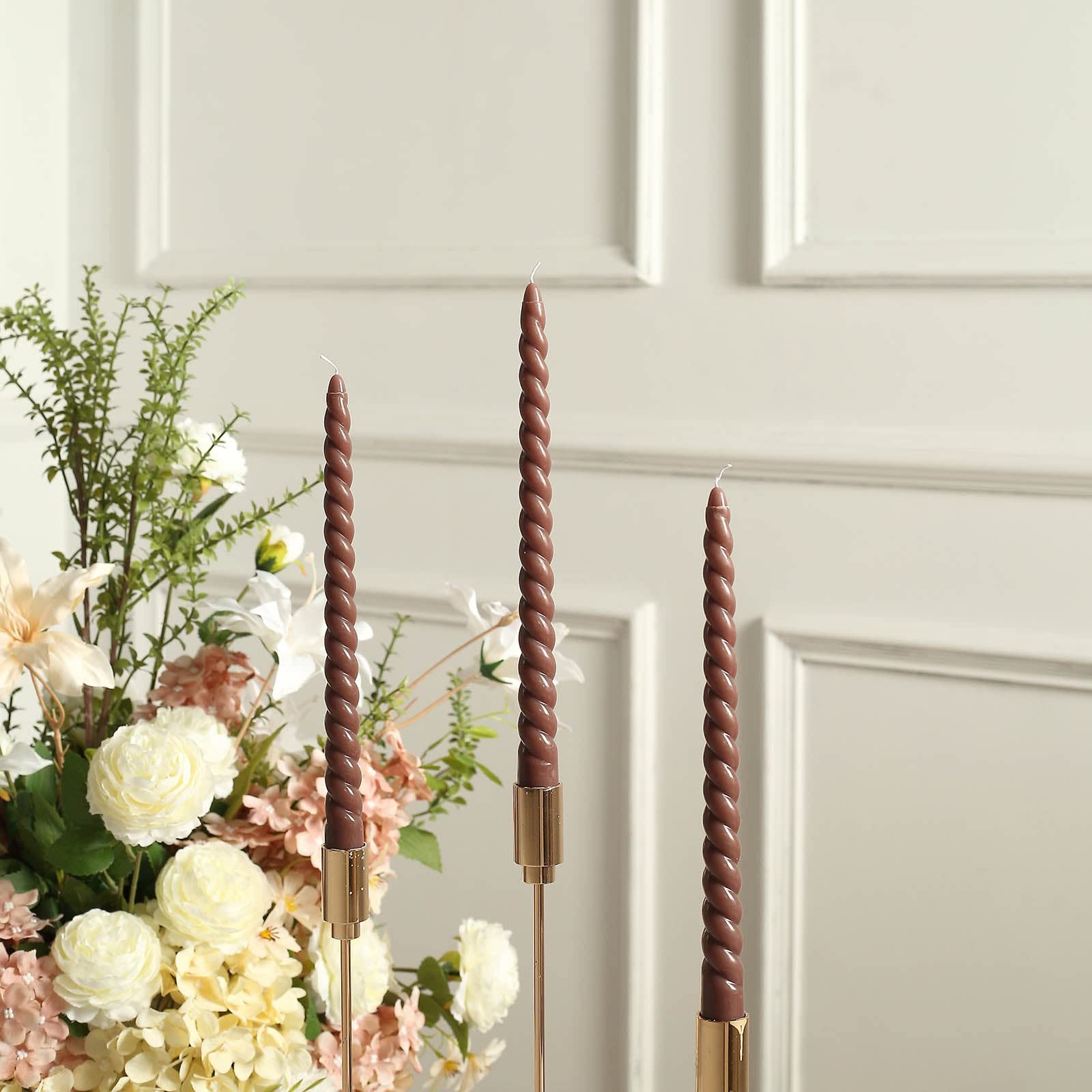 Tableclothsfactory 12 Pack | 11" Mocha Brown Premium Spiral Long Burn Wick Taper Candles, Tall Unscented Wax Dinner Candle Sticks - Image 9