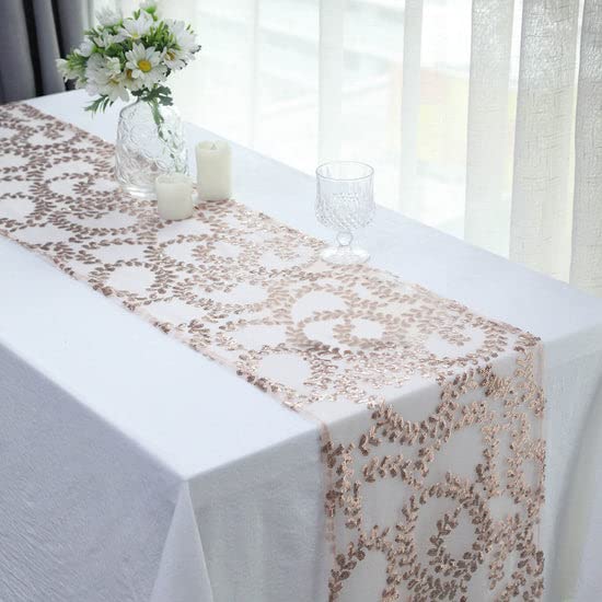Tableclothsfactory 12"x108" Blush Rose Gold Leaf Vine Embroidered Sequin Mesh Like Table Runner - Image 4