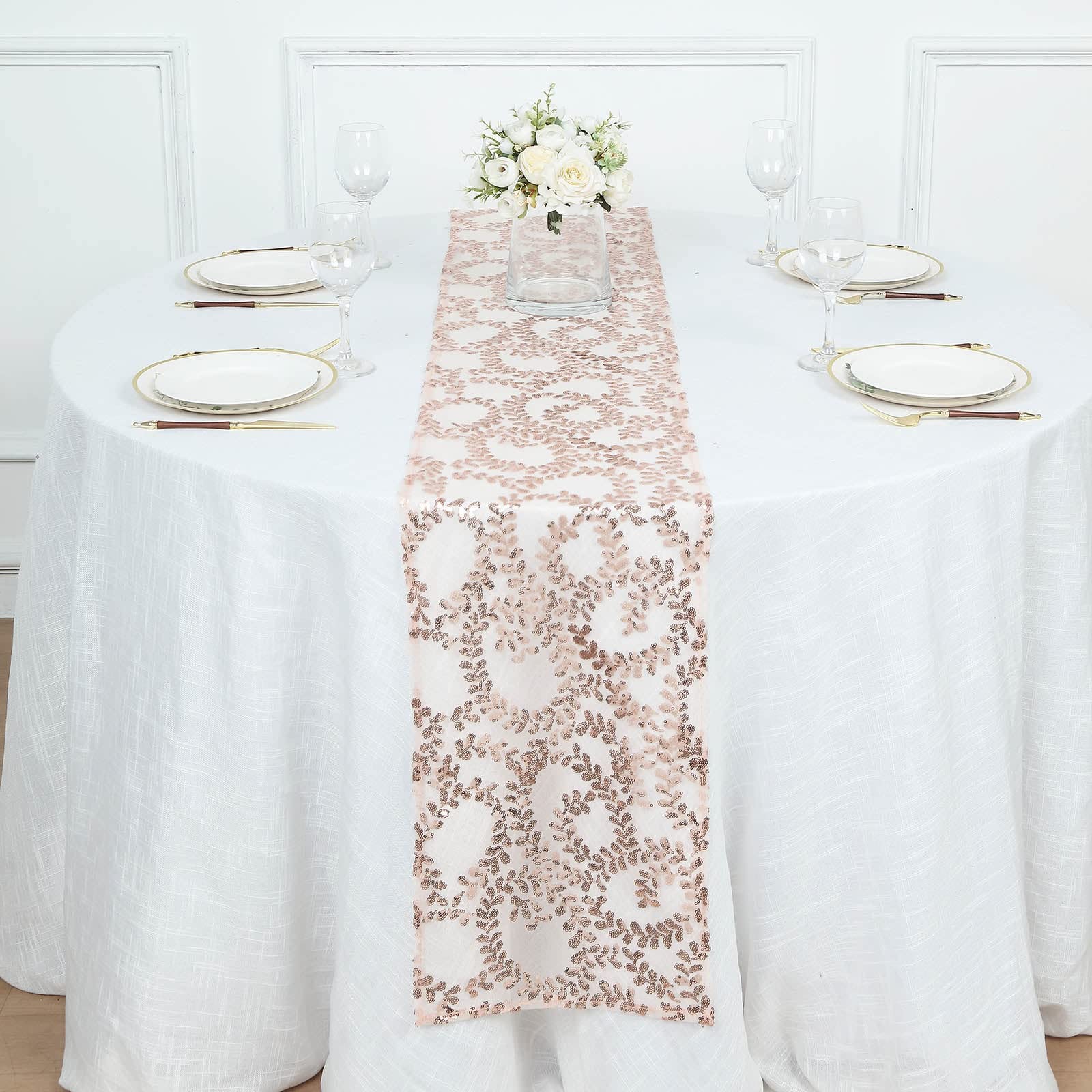 Tableclothsfactory 12"x108" Blush Rose Gold Leaf Vine Embroidered Sequin Mesh Like Table Runner - Image 5