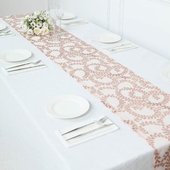 Tableclothsfactory 12"x108" Blush Rose Gold Leaf Vine Embroidered Sequin Mesh Like Table Runner - Image 6