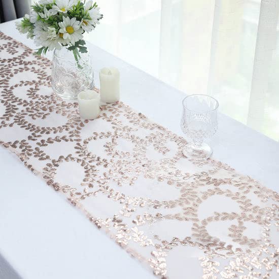 Tableclothsfactory 12"x108" Blush Rose Gold Leaf Vine Embroidered Sequin Mesh Like Table Runner - Image 7