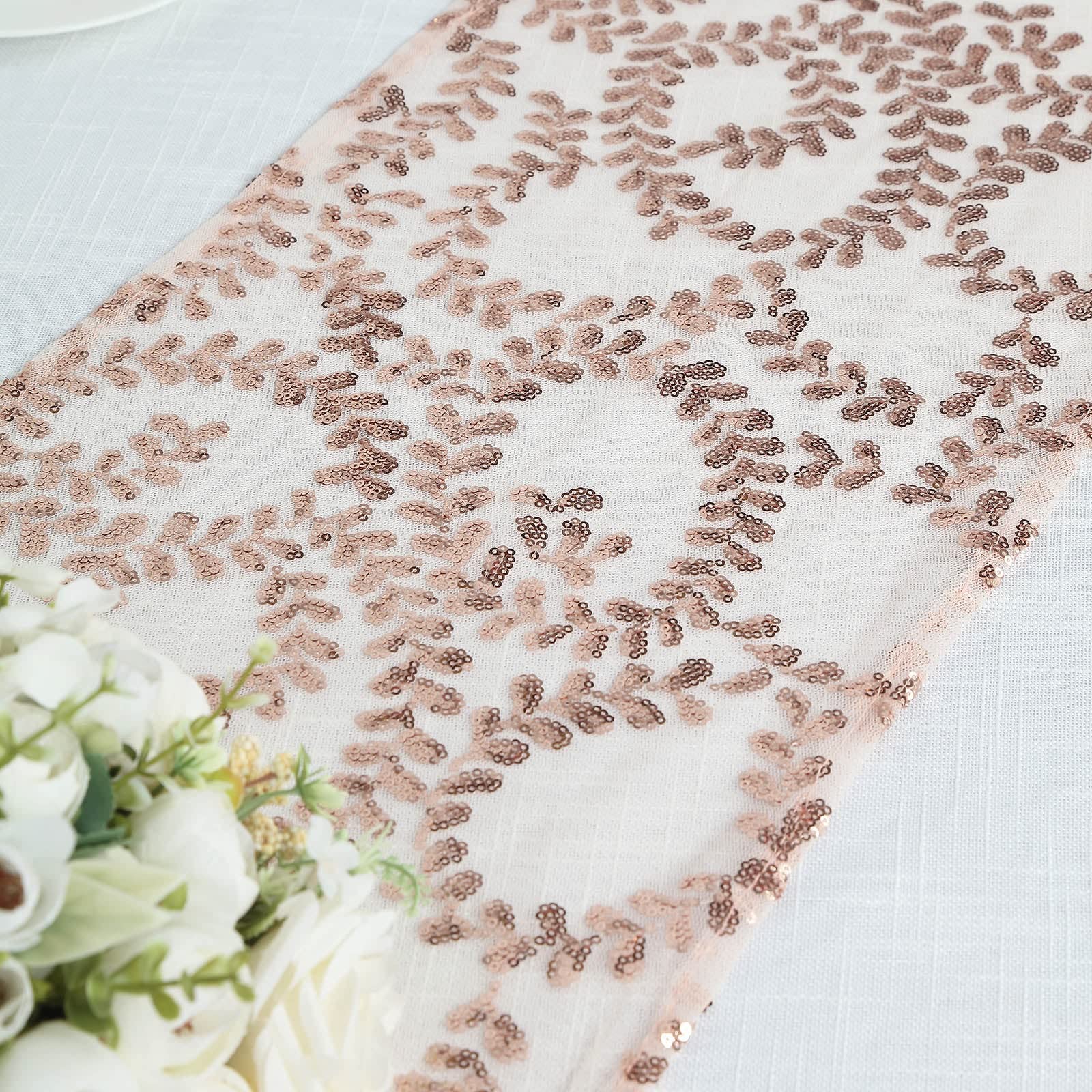 Tableclothsfactory 12"x108" Blush Rose Gold Leaf Vine Embroidered Sequin Mesh Like Table Runner - Image 8
