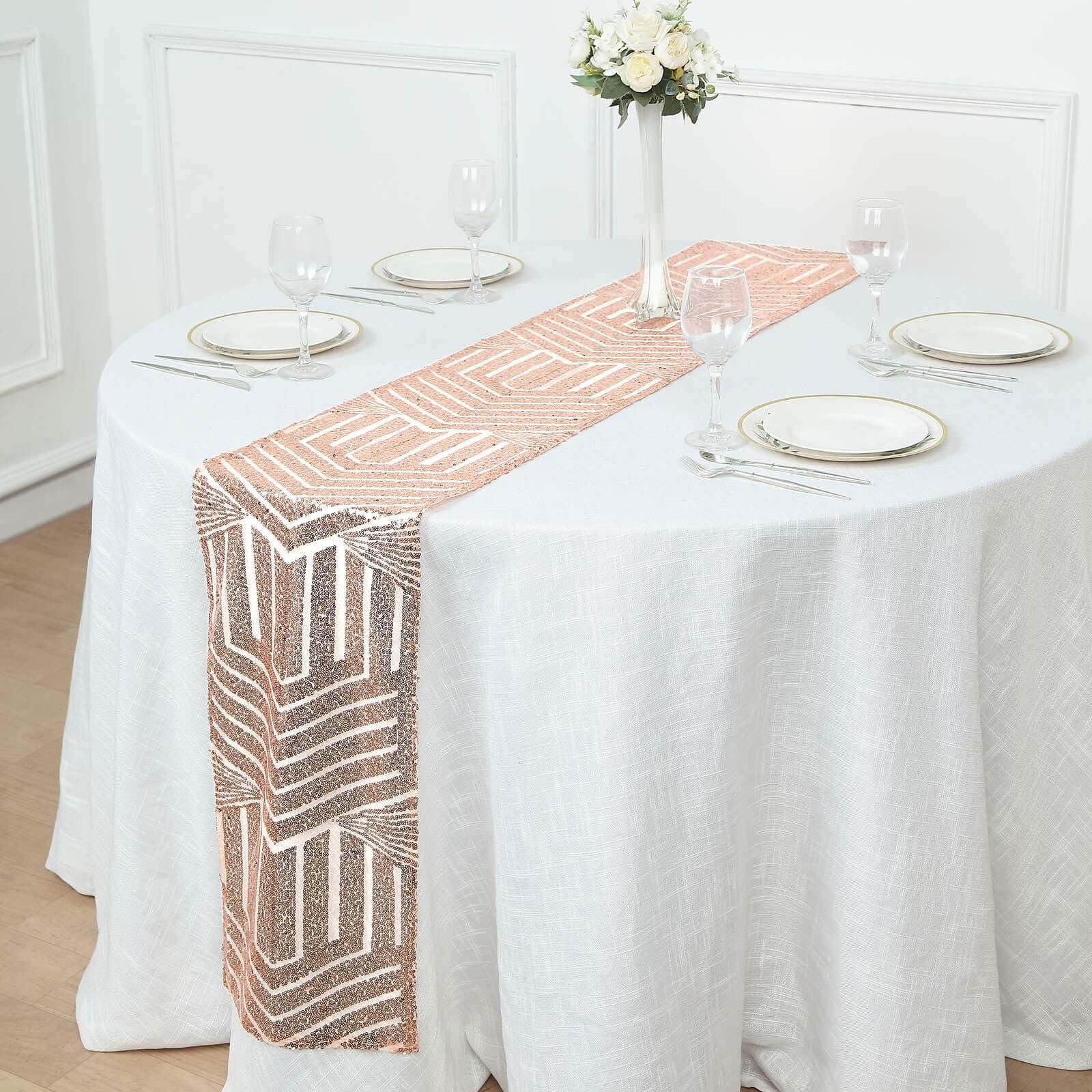 Tableclothsfactory 12"X108" Blush Rose Gold Sparkly Sequin Geometric Tulle Fabric Table Runner - Image 6