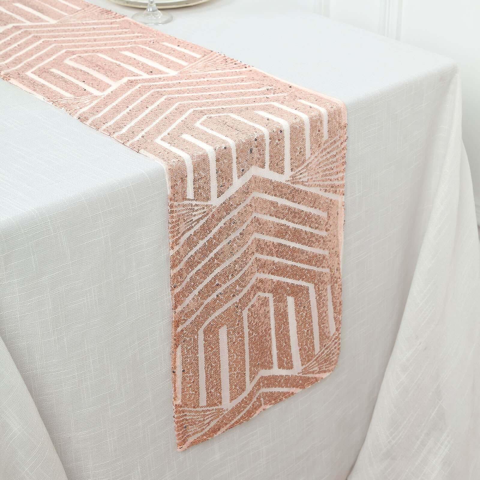 Tableclothsfactory 12"X108" Blush Rose Gold Sparkly Sequin Geometric Tulle Fabric Table Runner - Image 7