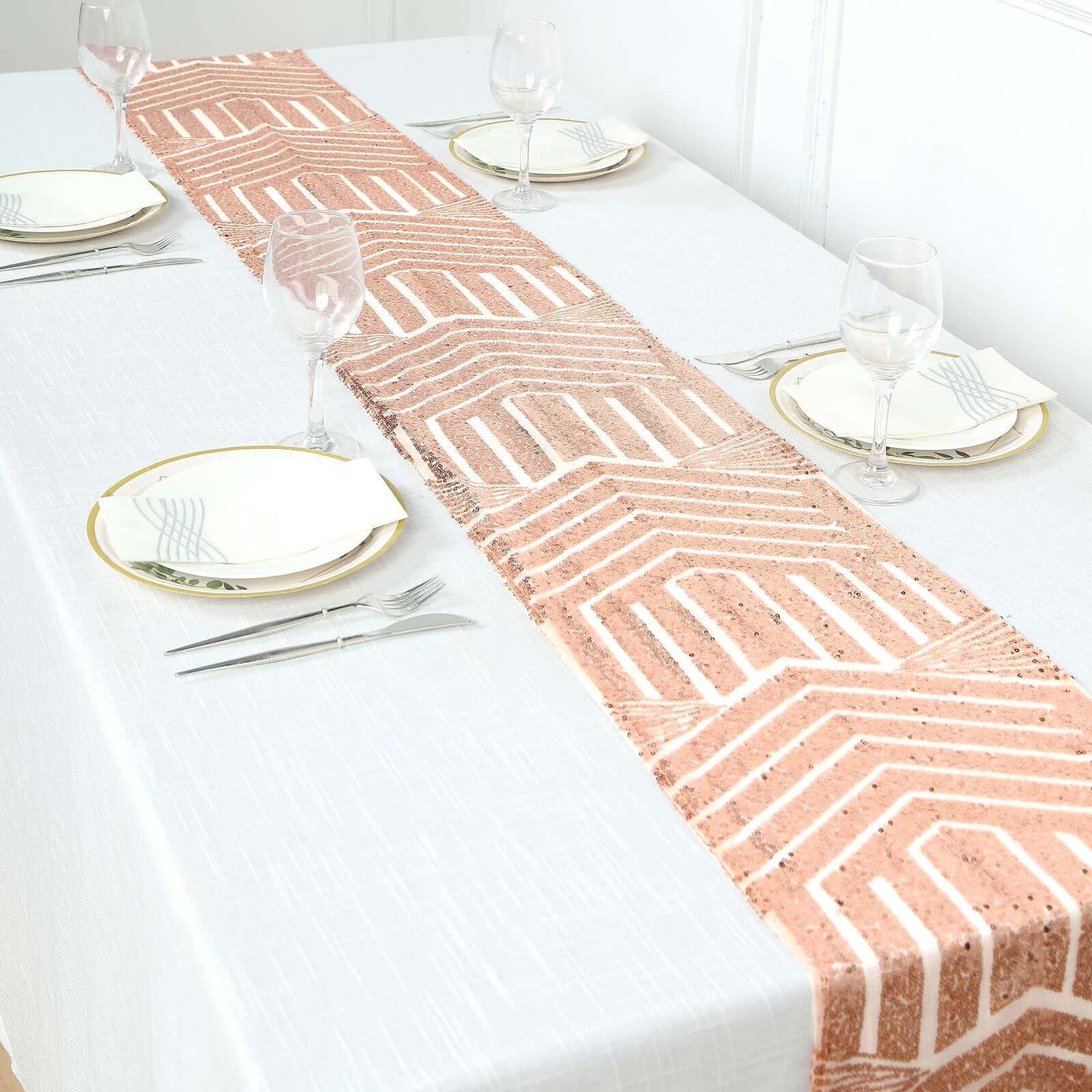 Tableclothsfactory 12"X108" Blush Rose Gold Sparkly Sequin Geometric Tulle Fabric Table Runner - Image 8
