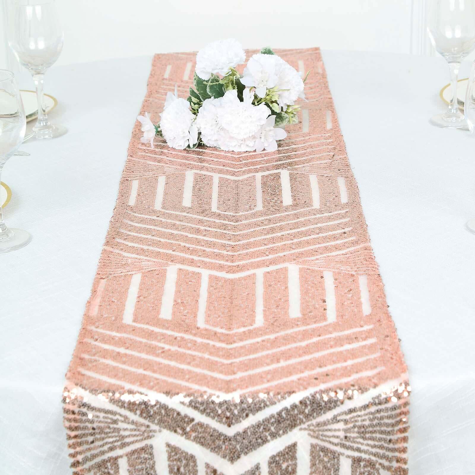 Tableclothsfactory 12"X108" Blush Rose Gold Sparkly Sequin Geometric Tulle Fabric Table Runner - Image 9
