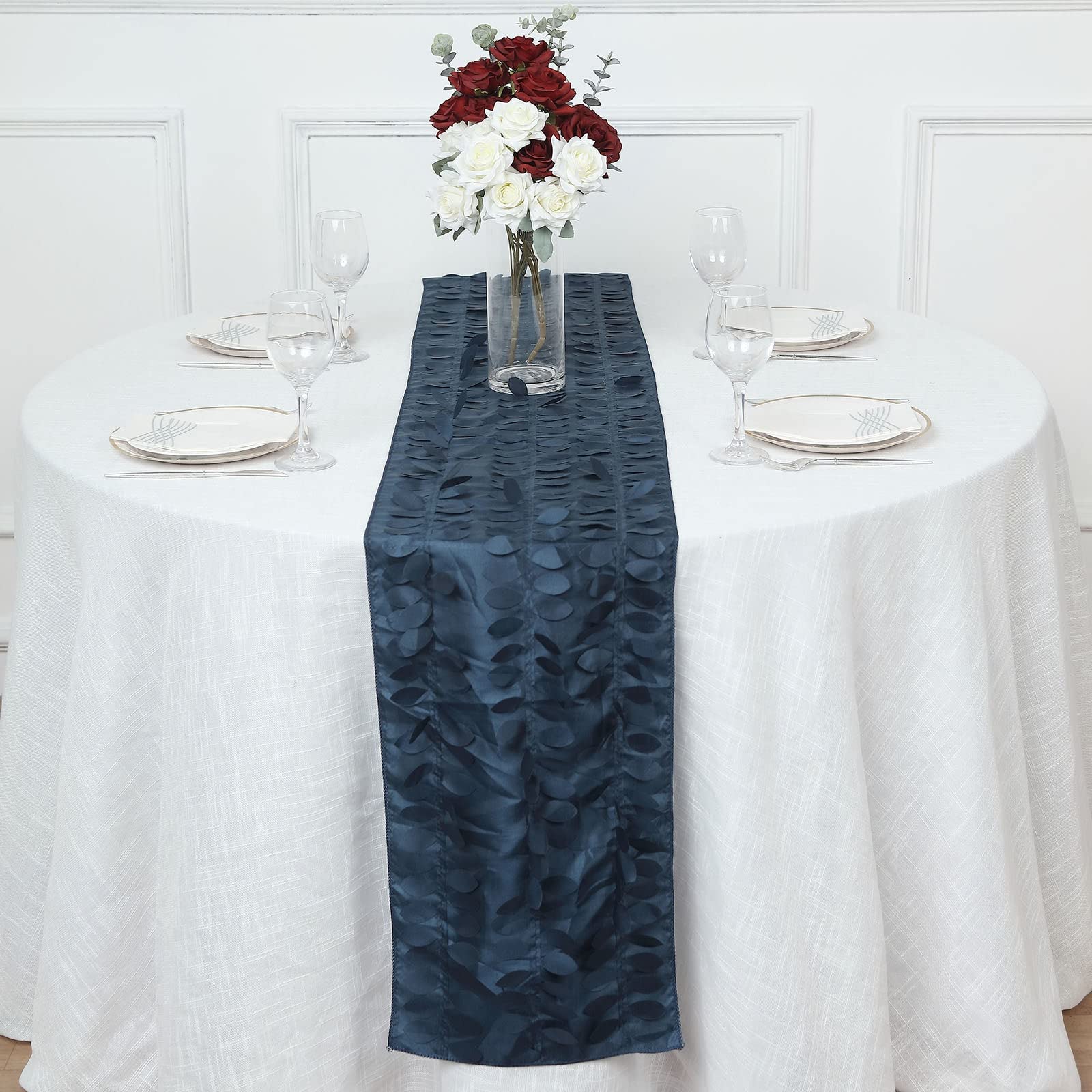 Tableclothsfactory 12"X108" Navy Blue 3D Leaf Petal Taffeta Fabric Table Runner - Image 5