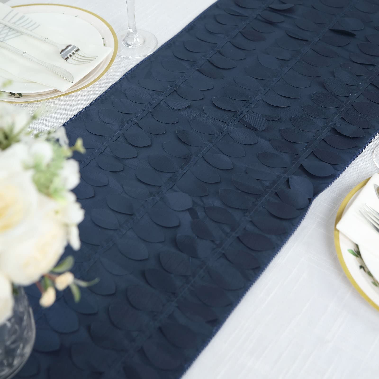 Tableclothsfactory 12"X108" Navy Blue 3D Leaf Petal Taffeta Fabric Table Runner - Image 6