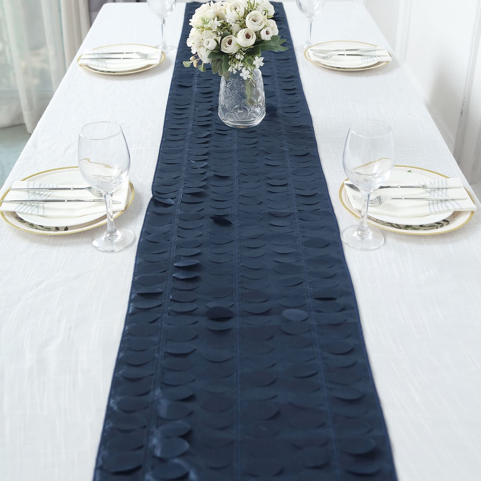 Tableclothsfactory 12"X108" Navy Blue 3D Leaf Petal Taffeta Fabric Table Runner - Image 7