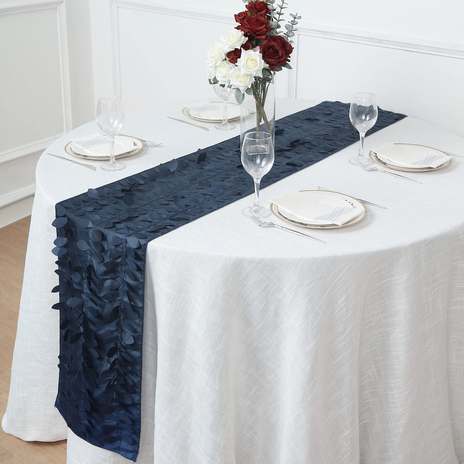 Tableclothsfactory 12"X108" Navy Blue 3D Leaf Petal Taffeta Fabric Table Runner - Image 9