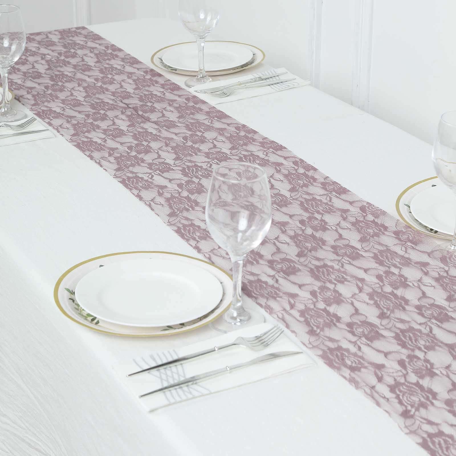 Tableclothsfactory 12"X108" Violet Amethyst Vintage Rose Flower Lace Table Runner - Image 3