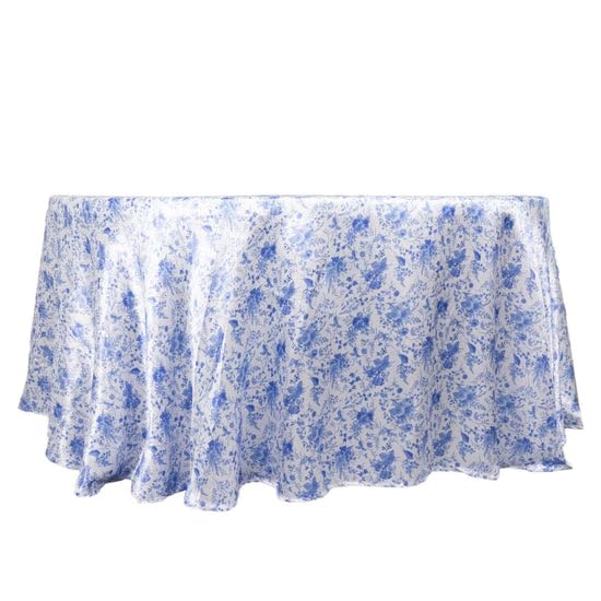 Tableclothsfactory 120" White Blue Chinoiserie Floral Print Seamless Satin Round Tablecloth, Wrinkle Resistant Tablecloth - Image 3