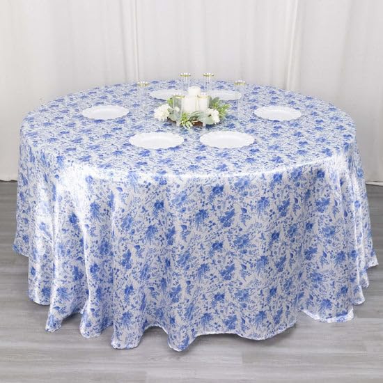 Tableclothsfactory 120" White Blue Chinoiserie Floral Print Seamless Satin Round Tablecloth, Wrinkle Resistant Tablecloth - Image 4