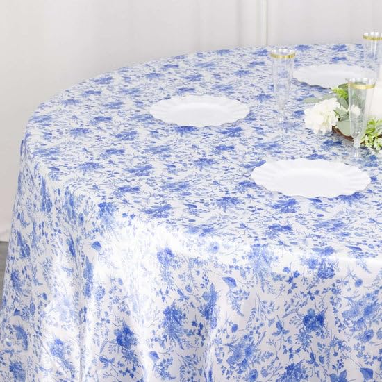 Tableclothsfactory 120" White Blue Chinoiserie Floral Print Seamless Satin Round Tablecloth, Wrinkle Resistant Tablecloth - Image 5