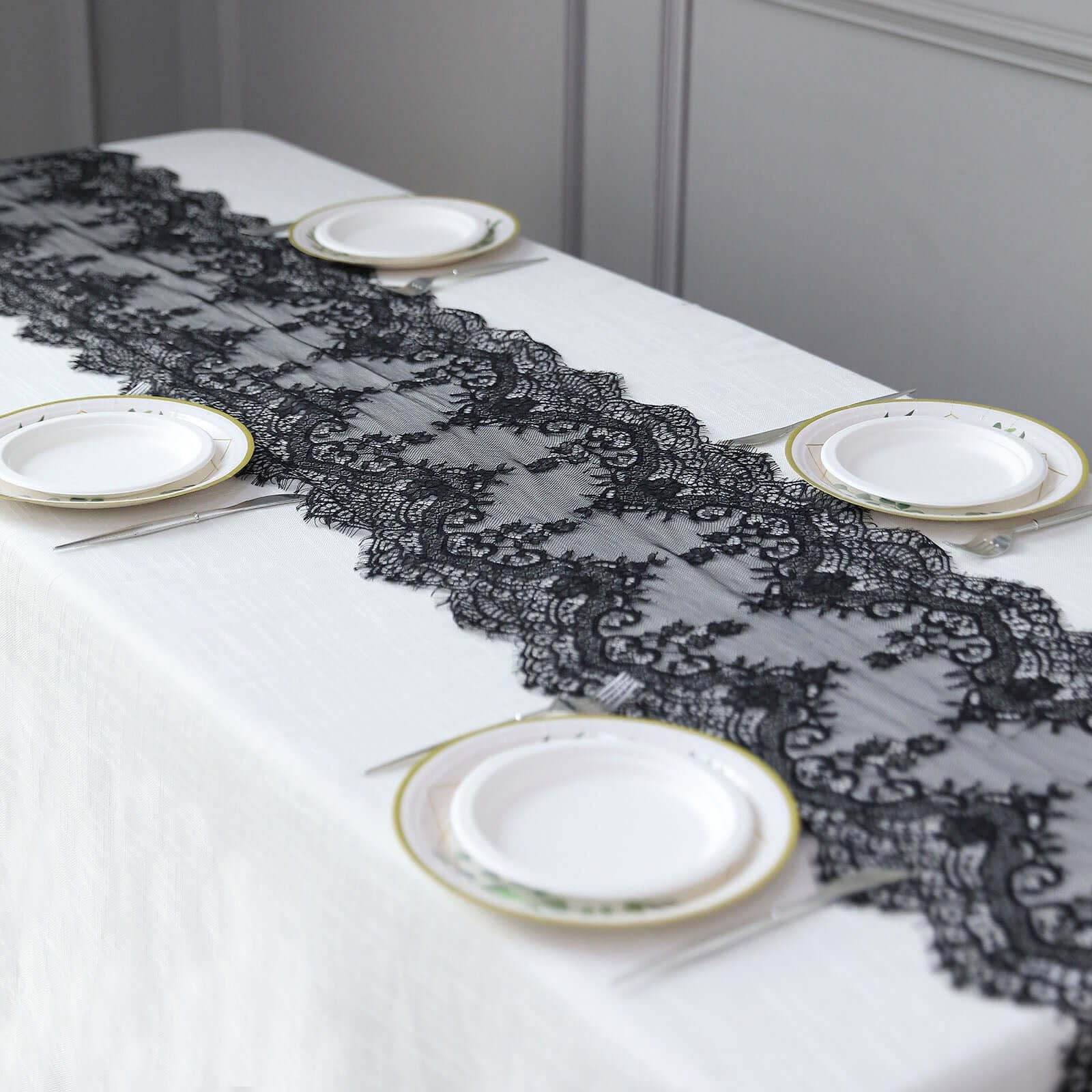 Tableclothsfactory 15"x117" Black Premium Lace Table Runner Vintage Classy Rustic Runner Decor with Scalloped Frill Edges - Image 4